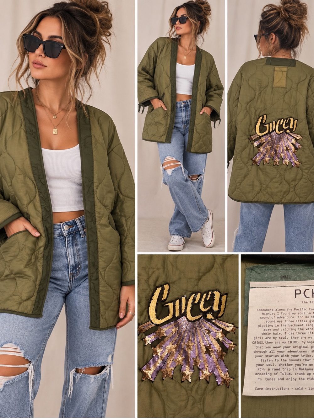 Olive Green Quilted Utility Jacket with Embroidered Back oversized S